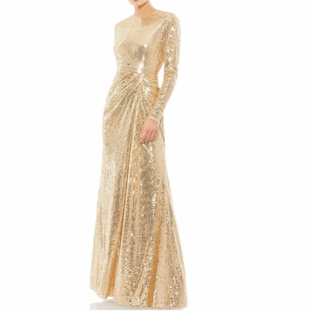NWT Mac Duggal Sequined High Neck Long Sleeve Draped Gown Gold 10824 size 10